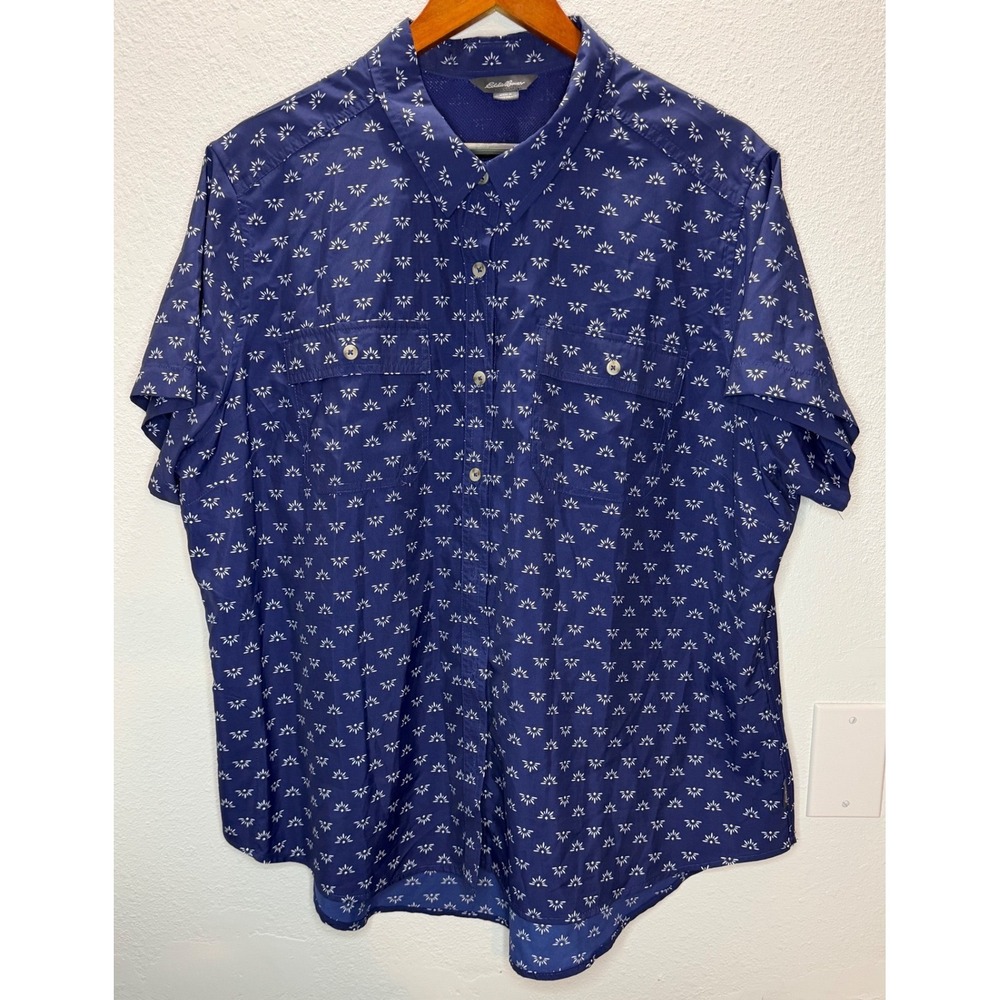 Eddie Bauer Button Down Shirt Mens XXL Blue Short Sleeve Sunburst Print Outdoor